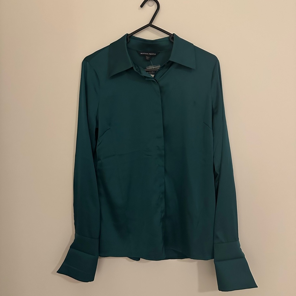 Boston Proper Teal Silk Button-Up Blouse